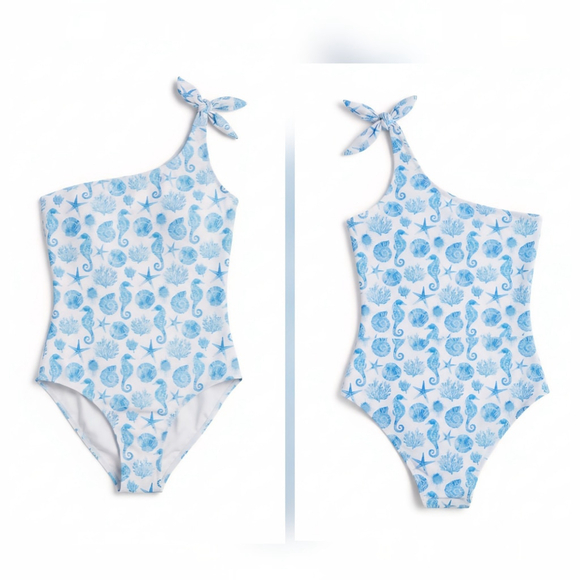 Aqua One piece Swimsuit Bathing Suit LARGE - Blue Seashells Seahorse Sealife - Picture 4 of 16